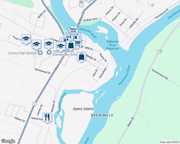 map of restaurants, bars, coffee shops, grocery stores, and more near 4a Longfellow Heights in Orono