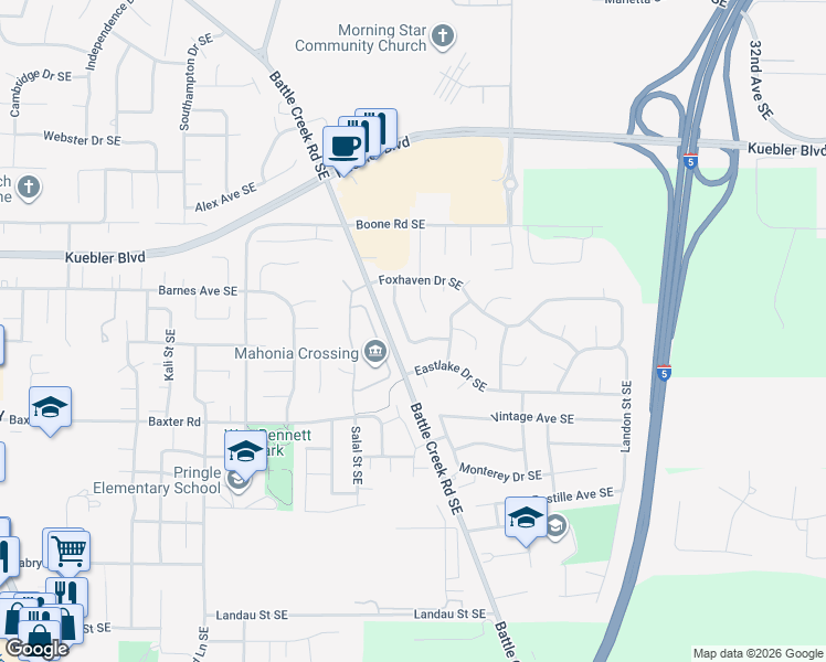 map of restaurants, bars, coffee shops, grocery stores, and more near 5196 Fort Rock Avenue Southeast in Salem