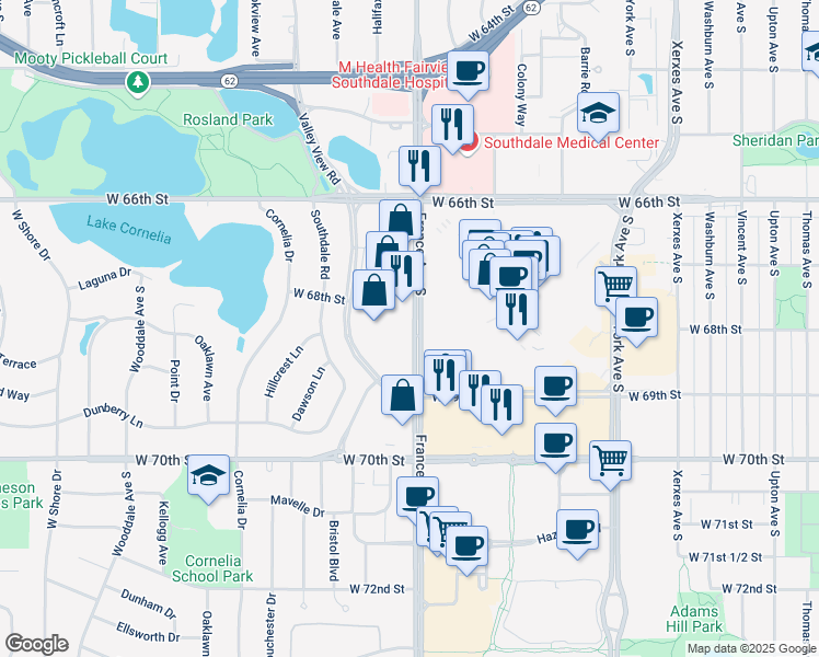 map of restaurants, bars, coffee shops, grocery stores, and more near 6740 France Avenue South in Edina