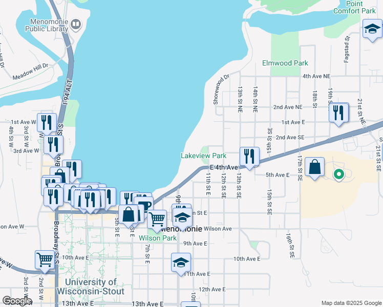 map of restaurants, bars, coffee shops, grocery stores, and more near 323 Park Circle in Menomonie