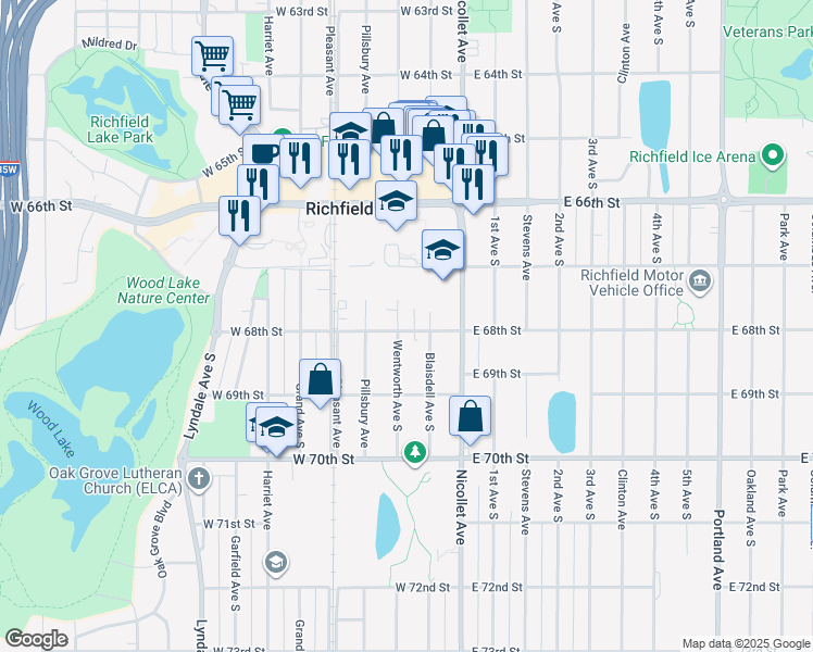map of restaurants, bars, coffee shops, grocery stores, and more near 6745 Wentworth Avenue South in Minneapolis