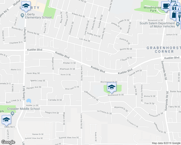 map of restaurants, bars, coffee shops, grocery stores, and more near 5224 Edgecrest Court Southeast in Salem