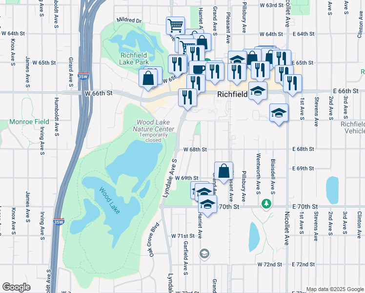 map of restaurants, bars, coffee shops, grocery stores, and more near 6749 Lyndale Avenue South in Minneapolis