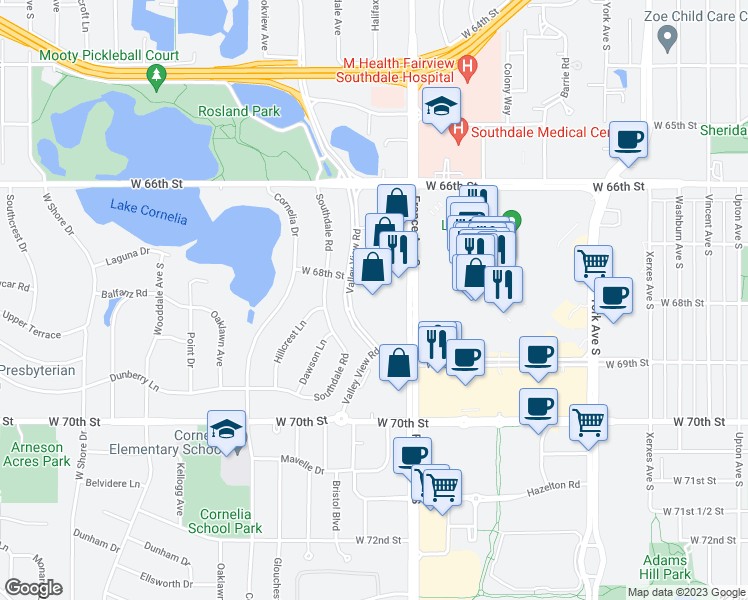 map of restaurants, bars, coffee shops, grocery stores, and more near 6800 France Avenue South in Edina
