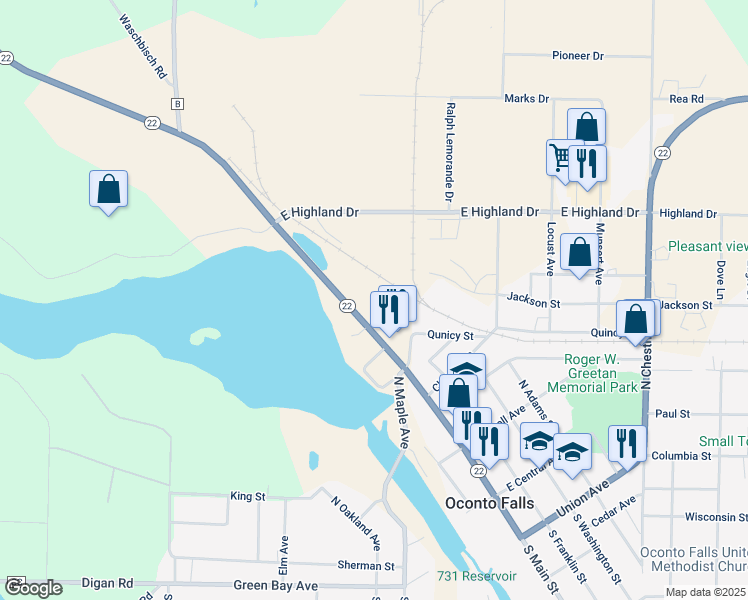 map of restaurants, bars, coffee shops, grocery stores, and more near 610 North Main Street in Oconto Falls