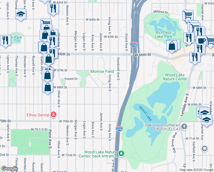 map of restaurants, bars, coffee shops, grocery stores, and more near 6744 Irving Avenue South in Minneapolis