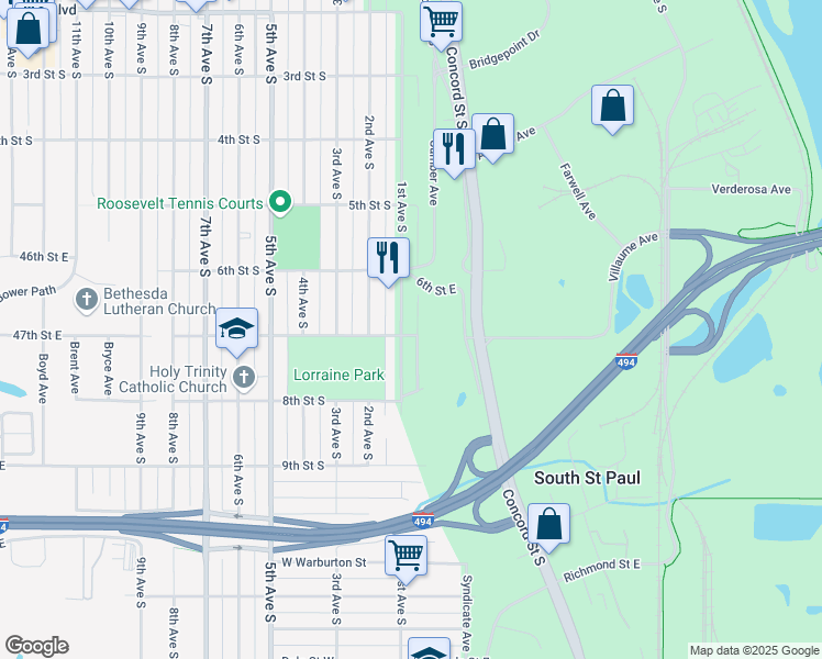 map of restaurants, bars, coffee shops, grocery stores, and more near 657 1st Avenue South in South St. Paul