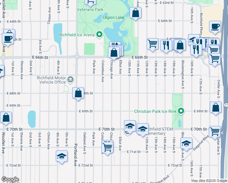 map of restaurants, bars, coffee shops, grocery stores, and more near 6745 Chicago Avenue in Minneapolis