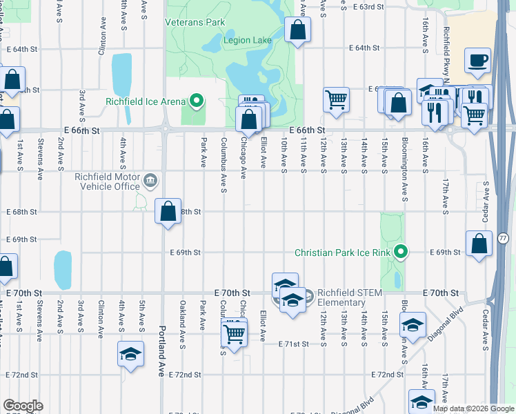 map of restaurants, bars, coffee shops, grocery stores, and more near 6745 Chicago Avenue in Minneapolis
