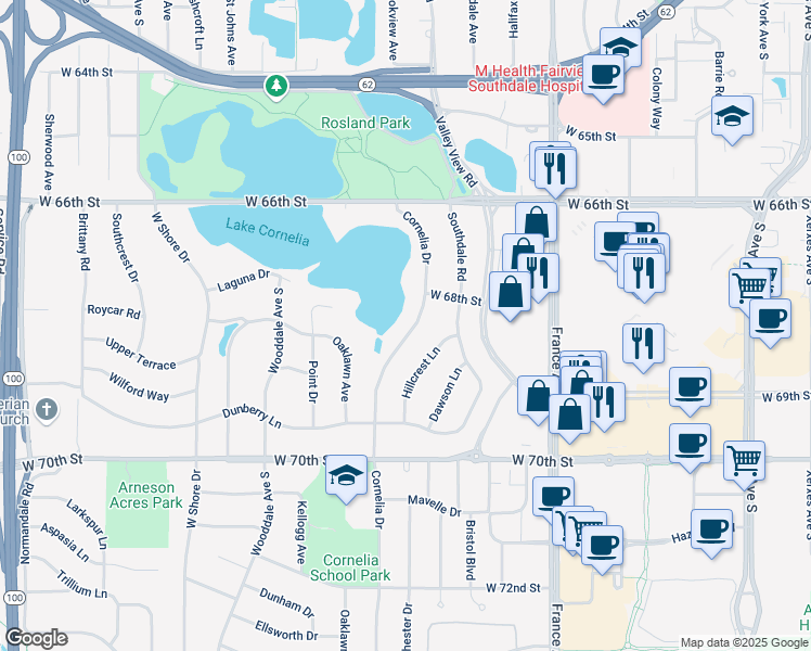 map of restaurants, bars, coffee shops, grocery stores, and more near 6812 Cornelia Drive in Minneapolis