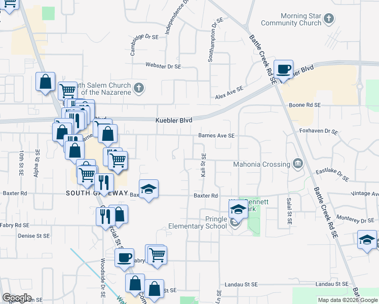 map of restaurants, bars, coffee shops, grocery stores, and more near 5219 Nightcap Street Southeast in Salem