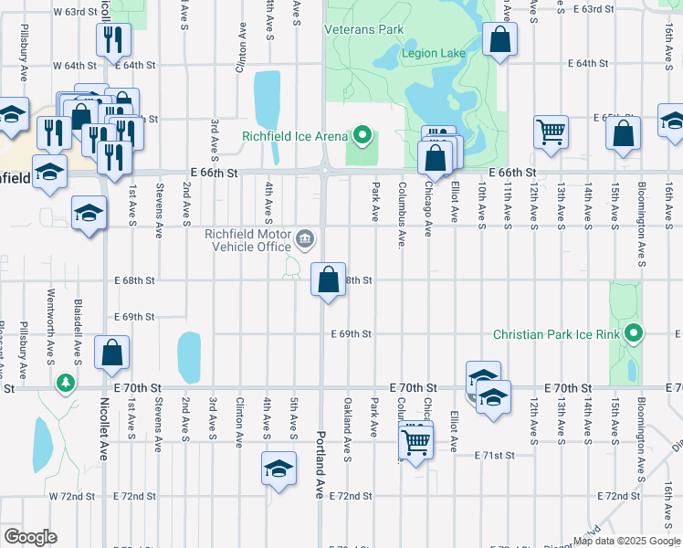 map of restaurants, bars, coffee shops, grocery stores, and more near 614 East 68th Street in Minneapolis