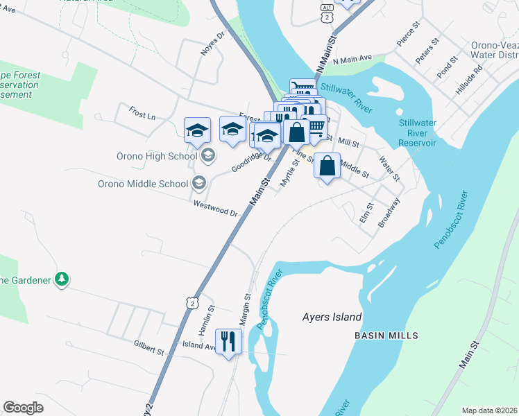 map of restaurants, bars, coffee shops, grocery stores, and more near 104 Main Street in Orono