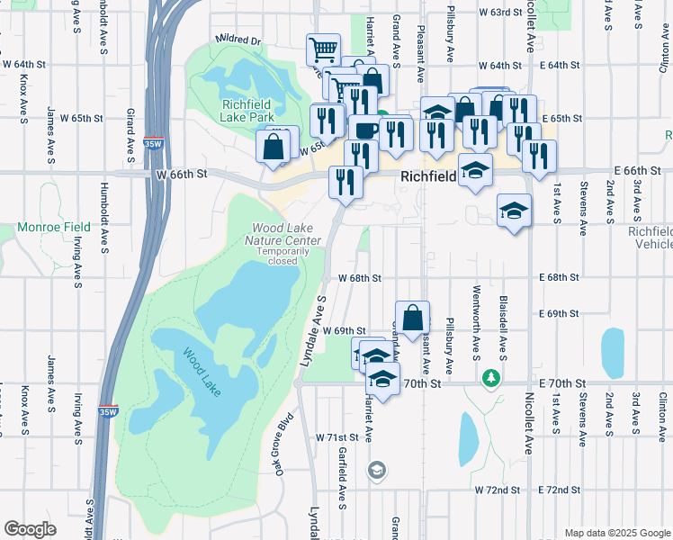 map of restaurants, bars, coffee shops, grocery stores, and more near 6749 Lyndale Avenue South in Minneapolis
