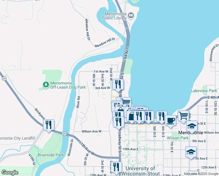 map of restaurants, bars, coffee shops, grocery stores, and more near 218 3rd Avenue West in Menomonie