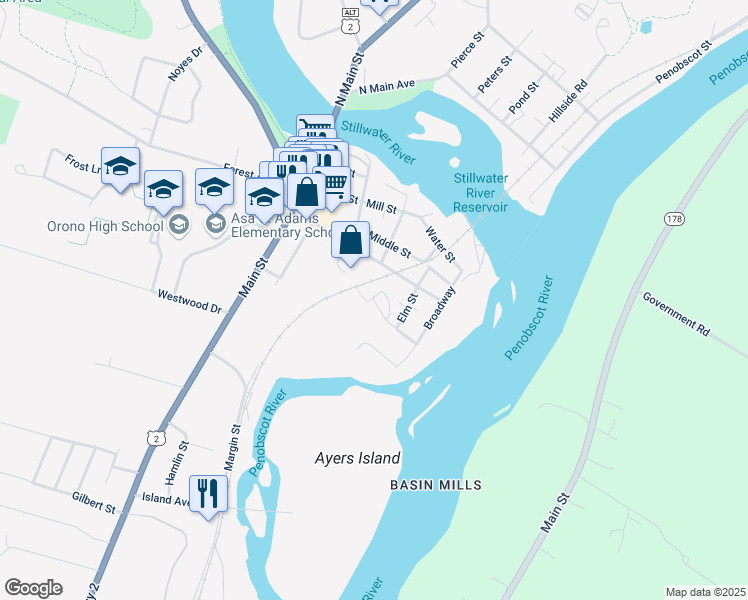 map of restaurants, bars, coffee shops, grocery stores, and more near 98 Longfellow Heights in Orono
