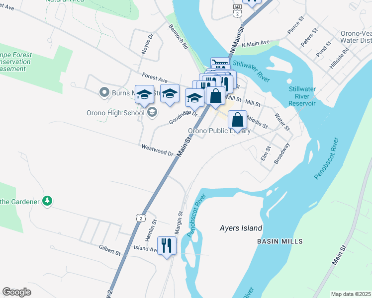 map of restaurants, bars, coffee shops, grocery stores, and more near 100 Main Street in Orono