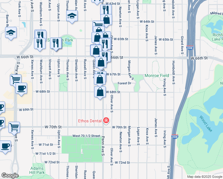 map of restaurants, bars, coffee shops, grocery stores, and more near 2200 West 68th Street in Minneapolis