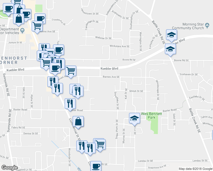 map of restaurants, bars, coffee shops, grocery stores, and more near 1720 Barnes Avenue Southeast in Salem
