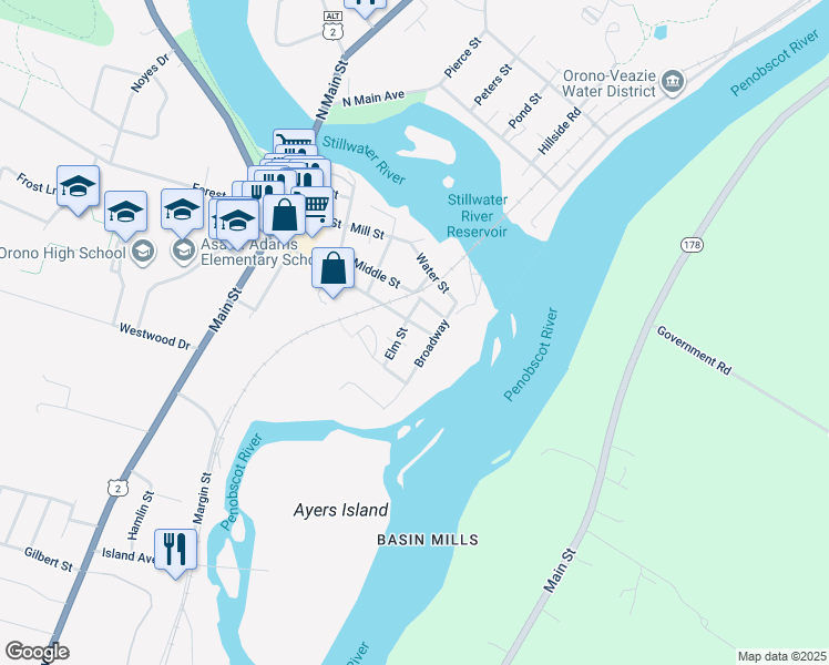 map of restaurants, bars, coffee shops, grocery stores, and more near 6 Elm Street in Orono