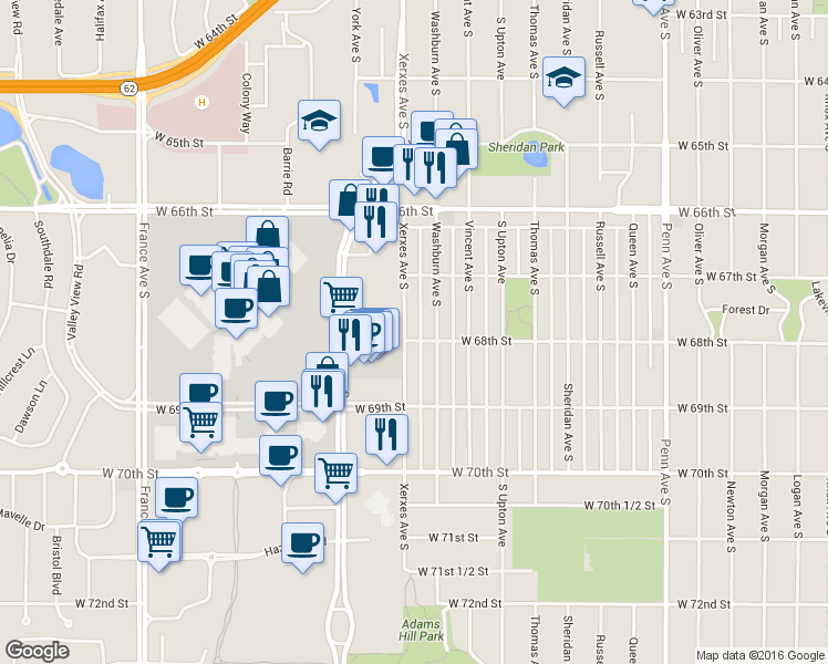 map of restaurants, bars, coffee shops, grocery stores, and more near 3000-3048 West 68th Street in Richfield