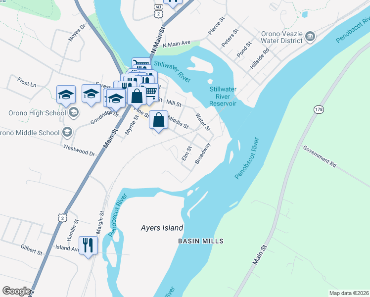 map of restaurants, bars, coffee shops, grocery stores, and more near 4a Longfellow Heights in Orono