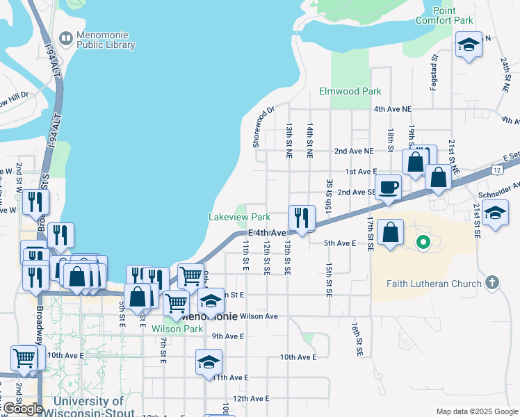 map of restaurants, bars, coffee shops, grocery stores, and more near 302 12th Street Northeast in Menomonie