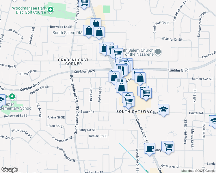 map of restaurants, bars, coffee shops, grocery stores, and more near 1200 Barnes Avenue Southeast in Salem