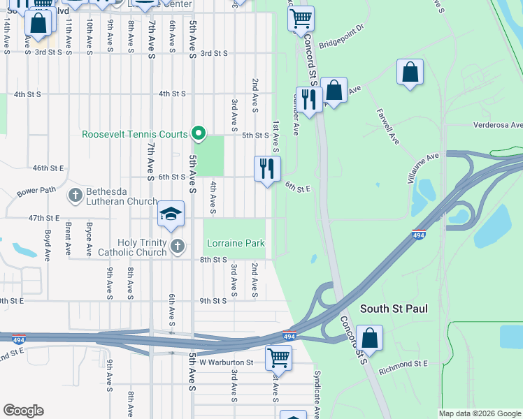 map of restaurants, bars, coffee shops, grocery stores, and more near 657 2nd Avenue South in South Saint Paul
