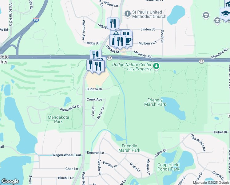 map of restaurants, bars, coffee shops, grocery stores, and more near 730 South Plaza Drive in Mendota Heights