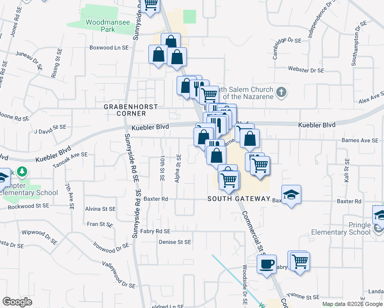 map of restaurants, bars, coffee shops, grocery stores, and more near 1200 Barnes Avenue Southeast in Salem