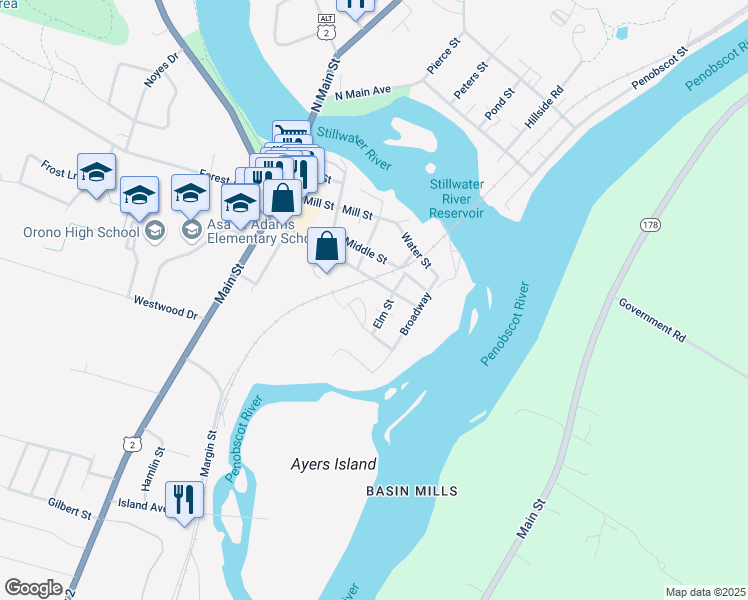 map of restaurants, bars, coffee shops, grocery stores, and more near 4a Longfellow Heights in Orono