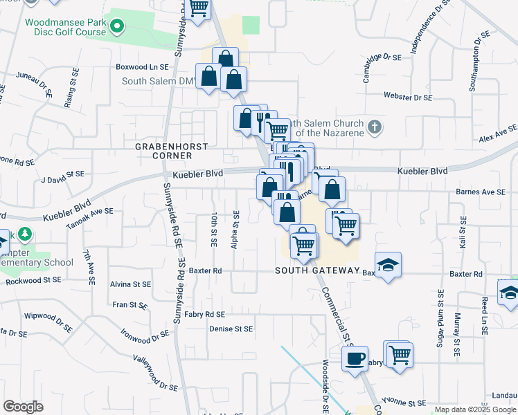 map of restaurants, bars, coffee shops, grocery stores, and more near 1200 Barnes Avenue Southeast in Salem