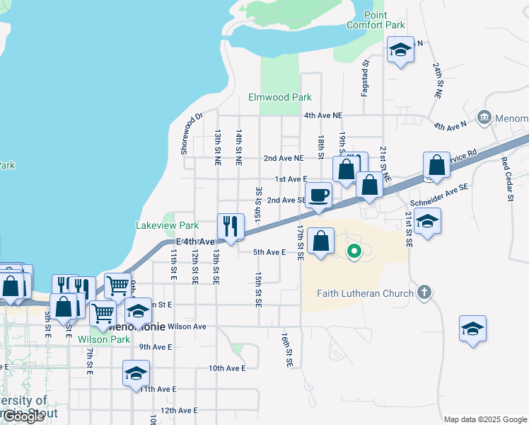 map of restaurants, bars, coffee shops, grocery stores, and more near 1602 Stout Road in Menomonie