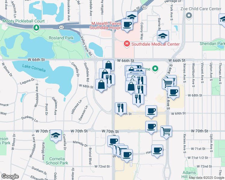 map of restaurants, bars, coffee shops, grocery stores, and more near 6800 France Avenue South in Edina