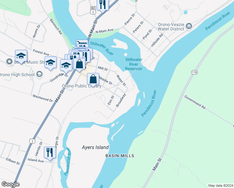 map of restaurants, bars, coffee shops, grocery stores, and more near 6 Elm Street in Orono