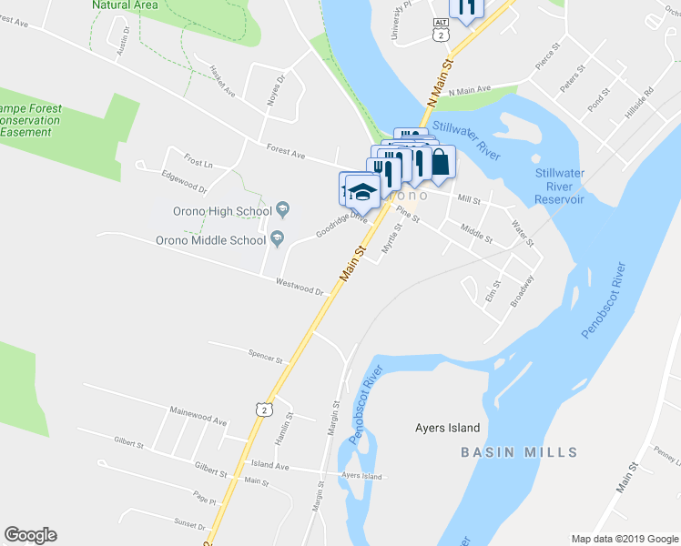 map of restaurants, bars, coffee shops, grocery stores, and more near 100 Main Street in Orono