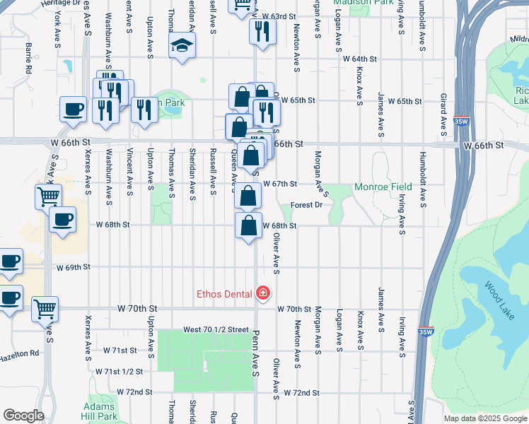map of restaurants, bars, coffee shops, grocery stores, and more near 2200 West 68th Street in Minneapolis