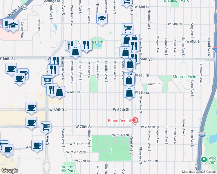 map of restaurants, bars, coffee shops, grocery stores, and more near 6745 Sheridan Avenue South in Minneapolis