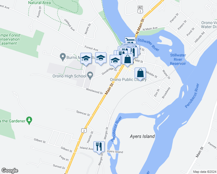 map of restaurants, bars, coffee shops, grocery stores, and more near 93 Main Street in Orono