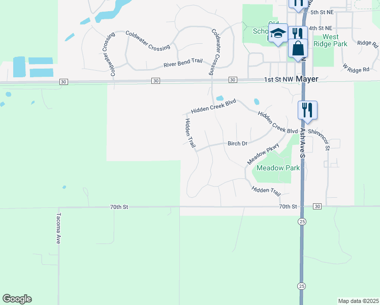 map of restaurants, bars, coffee shops, grocery stores, and more near 1611 Hidden Trail in Mayer