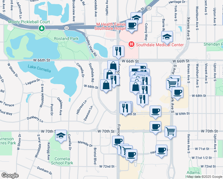 map of restaurants, bars, coffee shops, grocery stores, and more near 6740 France Ave S in Minneapolis