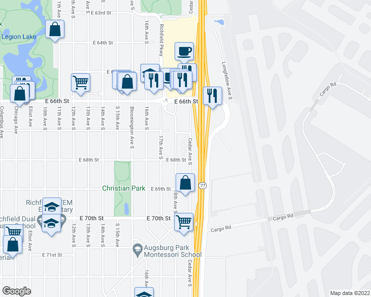 map of restaurants, bars, coffee shops, grocery stores, and more near 1834 East 68th Street in Richfield