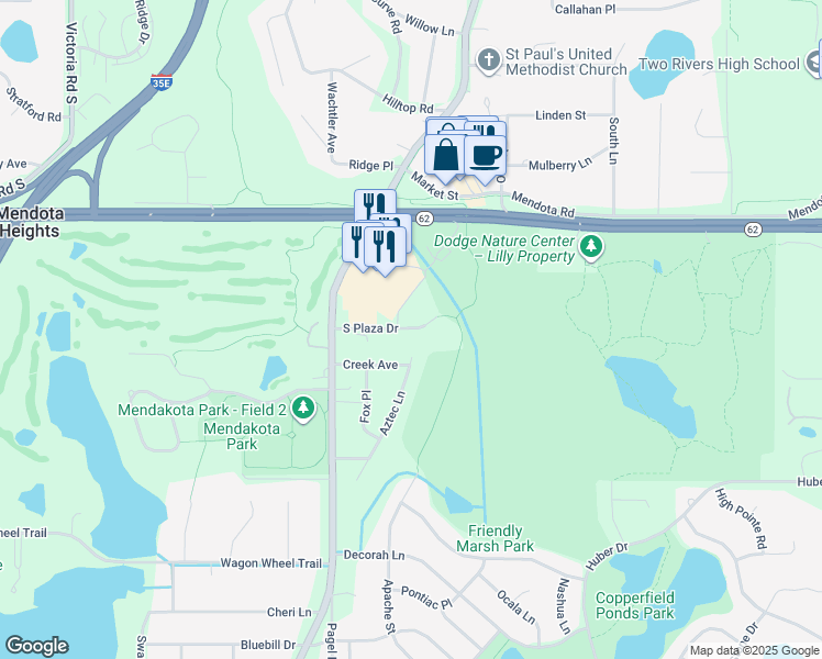 map of restaurants, bars, coffee shops, grocery stores, and more near 2106 Aztec Lane in Mendota Heights