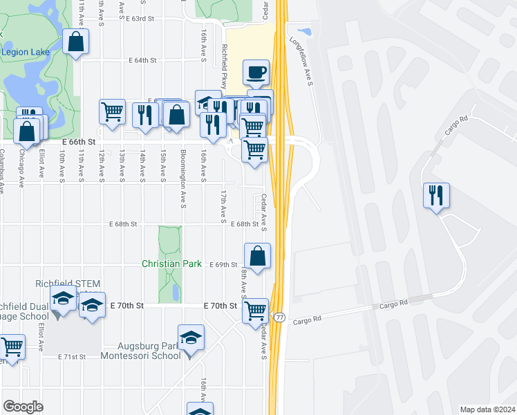 map of restaurants, bars, coffee shops, grocery stores, and more near 6730 Cedar Avenue South in Minneapolis