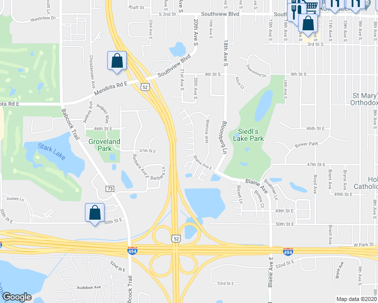 map of restaurants, bars, coffee shops, grocery stores, and more near 4733 Blaine Avenue in Inver Grove Heights