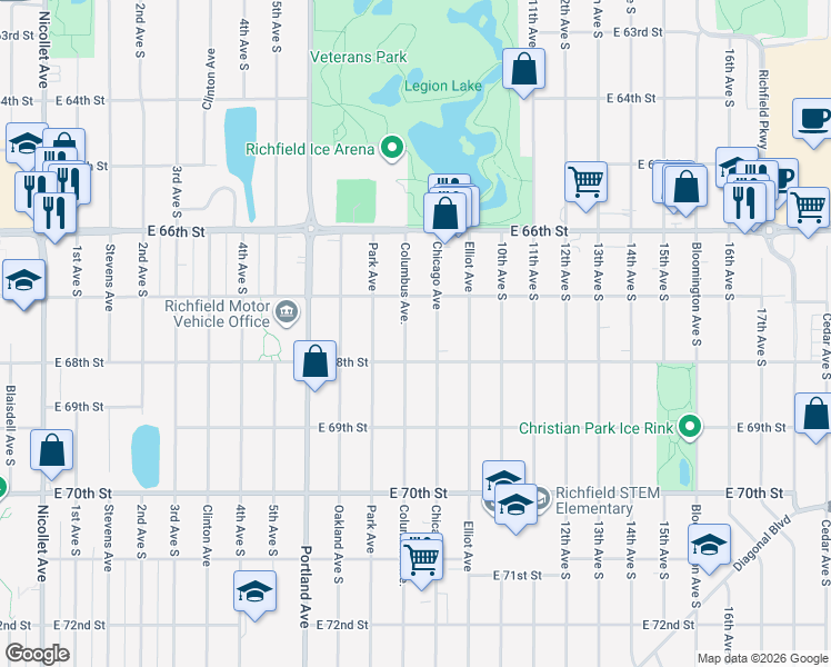 map of restaurants, bars, coffee shops, grocery stores, and more near 720 East 68th Street in Minneapolis