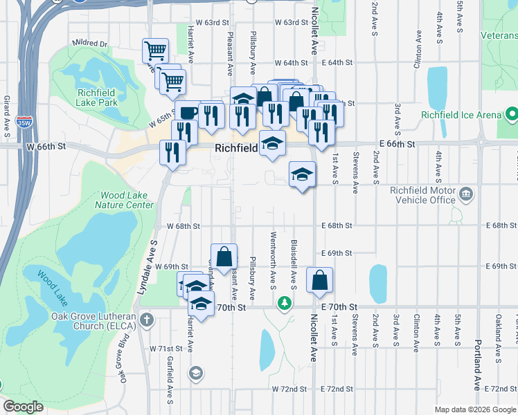 map of restaurants, bars, coffee shops, grocery stores, and more near 6742 Pillsbury Avenue in Minneapolis