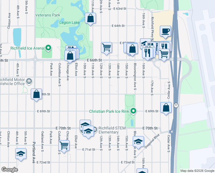 map of restaurants, bars, coffee shops, grocery stores, and more near 6745 13th Avenue South in Minneapolis