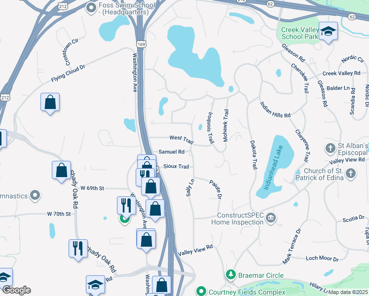 map of restaurants, bars, coffee shops, grocery stores, and more near 6712 Sioux Trail in Minneapolis
